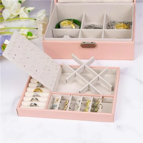Jewelry Organizer 2 Layer Jewelry Storage Box PU Leather Soft Lining with Lock